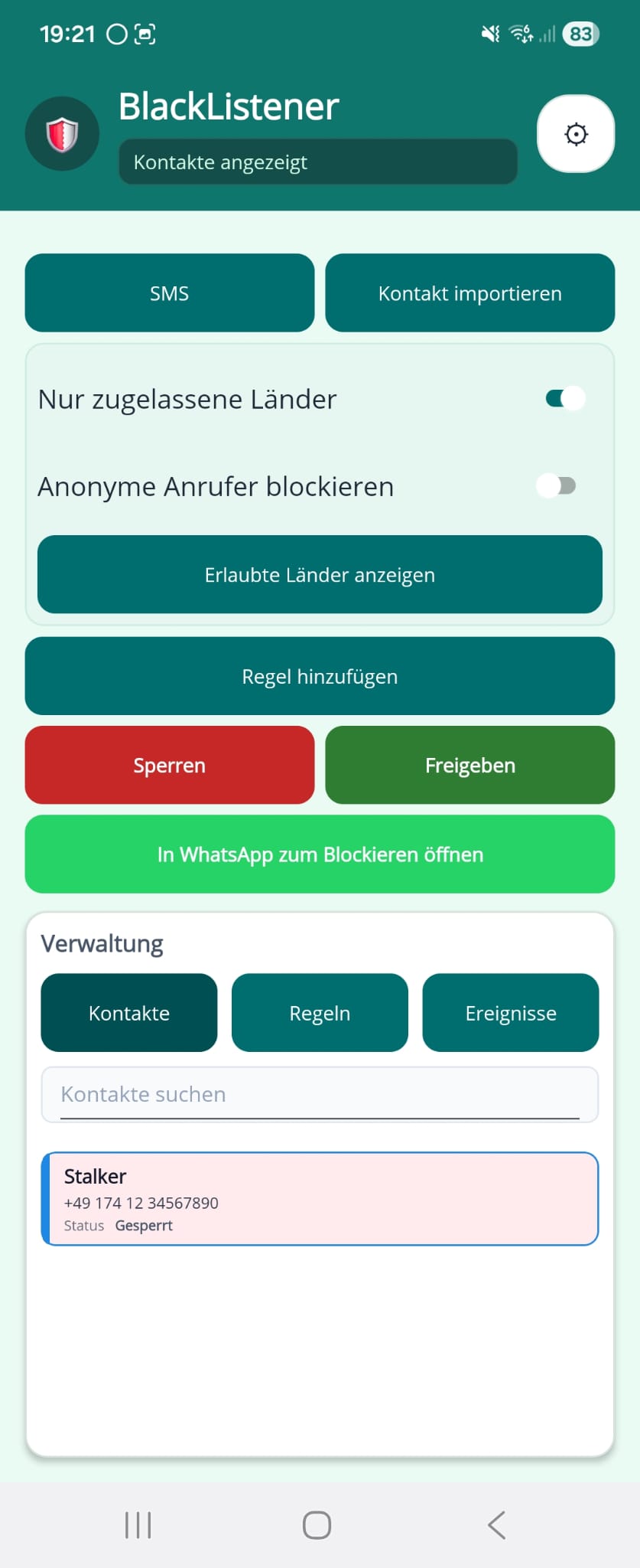 BlackListener Startansicht